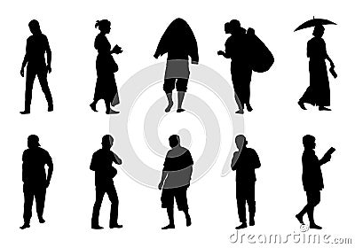 People walking silhouette vector, Women use smartphones and hold an umbrella, Man wearing a hat Vector Illustration
