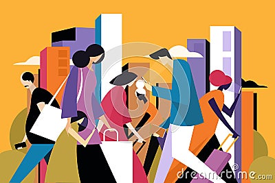 Busy people walking against the backdrop of city landscape Vector Illustration