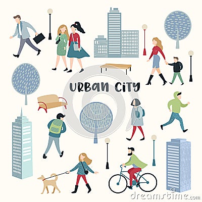 People Walking on the Street. Urban City Architecture. Characters Set with Family, Children, Runner and Bicycle Rider Vector Illustration