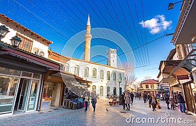 People walking in streets of Komotini city, a typical winter morning, Greece Editorial Stock Photo