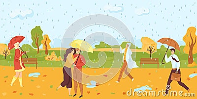 People walking under umbrellas in autumn raining park flat vector illustration. Fall season nature and outdoor Vector Illustration