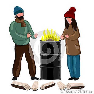 People warm themselves by a barrel of fire. Vector Illustration