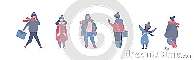 People in warm winter clothes walking on street, going to work, talking on phone Vector Illustration