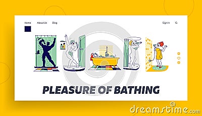 People Washing and Have Fun Landing Page Template. Happy Characters Take Shower in Bathroom and Sing Vector Illustration