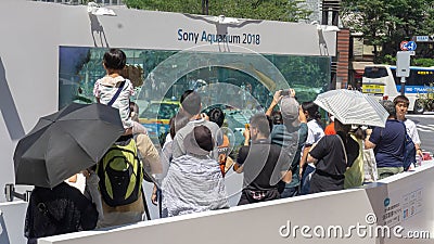 People watch fish swimming in the aquarium outside the Sony Building in Ginza Editorial Stock Photo