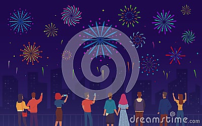 People watching fireworks. Crowd of men, women happy watch pyrotechnics show in night city landscape, urban festive Vector Illustration