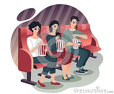 People watching movie in cinema, cartoon characters in 3D glasses, vector illustration Vector Illustration
