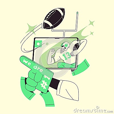 People watching rugby match, wagering on American football online. Person bets on sports, play games of fortune, chance Vector Illustration
