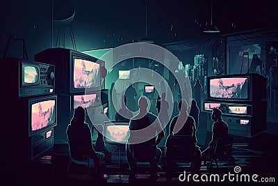 People watching TV in a dark room. Television addiction concept. 3D Rendering, People crowd watching TV in dark background, AI Stock Photo