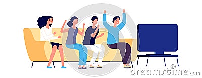 People watching TV. Students group together, friends meeting. Flat boy girl on weekend. Happy man woman sitting on sofa Vector Illustration