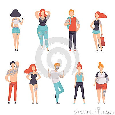 People Wearing Clothes with Tattoos Set, Men and Women with Tattoos on Different Parts of Body Vector Illustration Vector Illustration