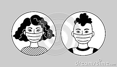 People Wearing Face Mask, African Man And Woman. Black And White Vector Pictogram, Simple Flat Icon. Medical Respirators Vector Illustration