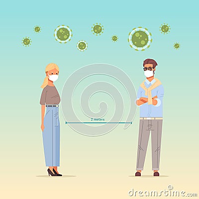 People wearing face masks man woman keeping 2 meters distance to prevent covid-19 social distancing Vector Illustration