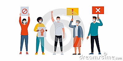 People wearing face masks and protesting together Vector Illustration