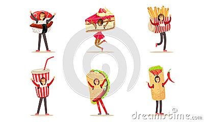 People Wearing Fast Food Costumes Set, Sushi, Cake, French Fries, Taco, Soda Drink Cartoon Vector Illustration Vector Illustration