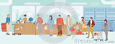 People wearing mask queue at supermarket cash desk Vector Illustration