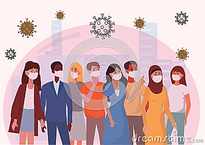 People wearing a mask to prevent and prevent the common cold virus Young men and women are protected from the coronavirus cells in Vector Illustration