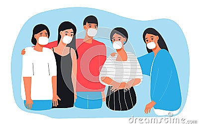 People are wearing surgical mask. Five friends support each other and ask to put medical mask to prevent of virus Stock Photo