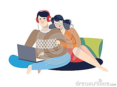 People on weekends watching films and series on laptop Vector Illustration