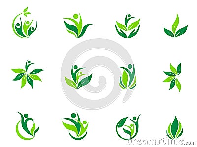 People wellness logo health care nature leaf sun symbol vector icon design. Vector Illustration