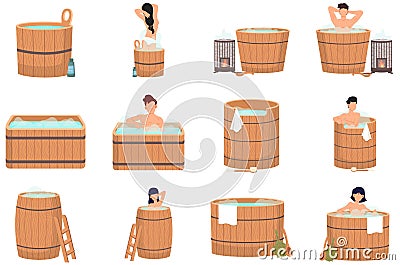 Set of illustrations people and wellness spa procedures in wooden water barrel, home sauna concept Stock Photo