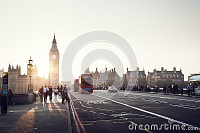 People on Westminster Bridge at sunset, London, UK Editorial Stock Photo