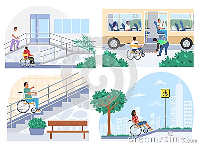 People in wheelchairs moving freely within city public places accessible for disabled. Barrier free environment, vector. Vector Illustration