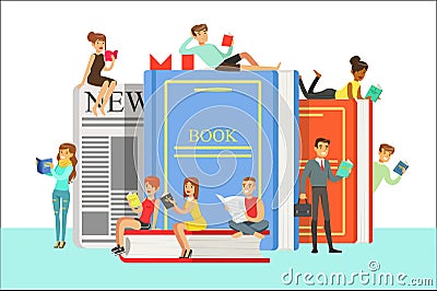 People Who Love To Read Reading Books Around Giant Books With Hard Cover And Newspaper Vector Illustration