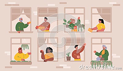 People in windows, friendly neighbors communicate Vector Illustration