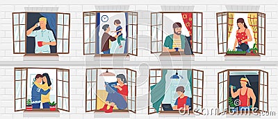 People in windows. Neighbors in building doing activities, people staying home. Men calling and training or working with Vector Illustration