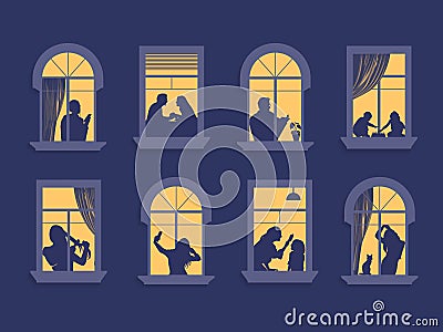 195_Neighbors in the windows. Cartoon characters in their apartment listen to music, children play and spend time together. Vector Illustration