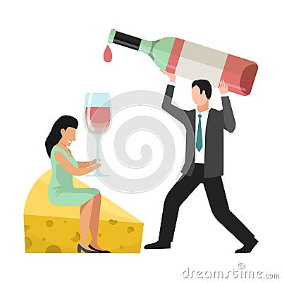 People wine tasting concept. Huge bottle, wineglass, cheese and tiny characters vector illustration. Man pours wines Vector Illustration