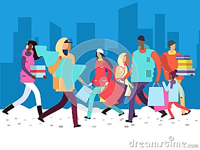 People on winter holiday. Person carrying shopping bag, gifts and christmas tree on big city street Vector Illustration