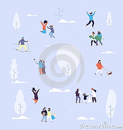 People in winter park. Couples and kids outdoor. Christmas holidays activities in urban snowy park vector concept Vector Illustration