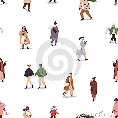 People on winter street, seamless pattern. Endless background, characters with gifts, bags, walking, shopping for Cartoon Illustration