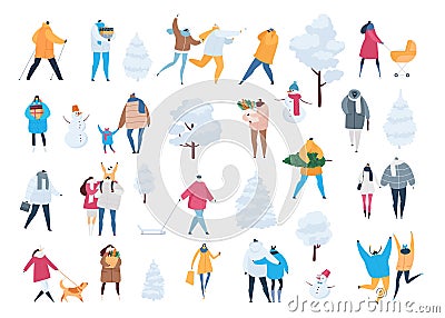 People in winter vector cartoon family characters and kids walk in wintertime. Illustration set of men, women carry xmas Vector Illustration