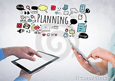 People withn tablets and Planning text with drawings graphics Stock Photo