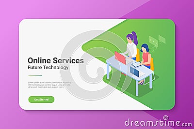 People Women girls sitting at Table with Laptop Notebook Isometric flat illustration. Online support concept Vector Illustration
