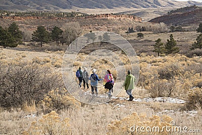 People women hikers hiking on the Bobcat Ridge Natural Area on the scenic loop trail west of Masonville and Loveland, Colorado Editorial Stock Photo