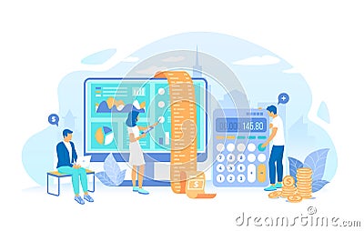 People work with documents, invoice, bill. Calculation, bookkeeping, economic audit, financial analysis, tax accounting, bill paym Vector Illustration