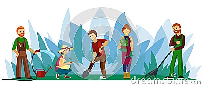 People work in garden illustration. Uniformed men and women water bushes and plant new plants revitalize natural green Vector Illustration
