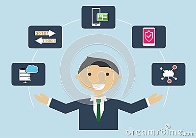 People at work: illustration of an IT security expert who is managing different tasks Vector Illustration