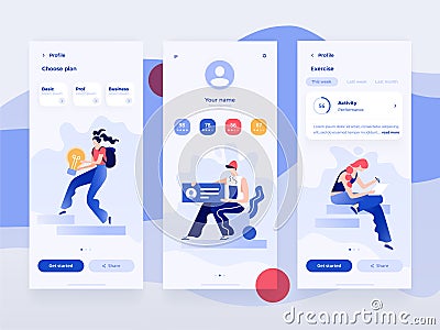 People work and interacting with devices. Data analysis and office situations. Flat illustration. Mobile app template. Vector Illustration