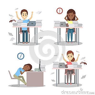 People work late at night set. Tired office character Vector Illustration