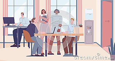 People at work in office, talking with new employee and working. Cute flat managers, young teamwork. Company, business Vector Illustration