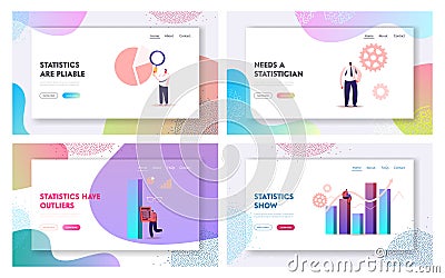 People Work with Science Statistics Landing Page Template Set. Tiny Characters at Touch Screen and Huge Column Data Vector Illustration