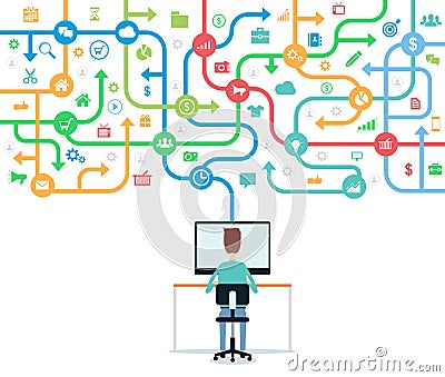 People working and cloud online network Vector Illustration