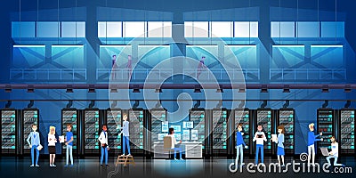 People Working In Data Center Room Hosting Server Computer Monitoring Information Database Flat Vector Illustration Vector Illustration