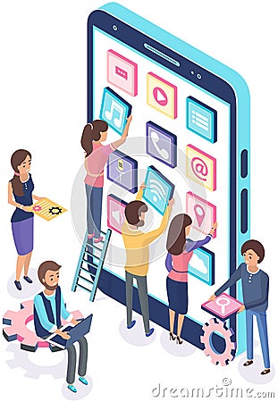 People working with development of mobile program for smartphone, application for electonic device Vector Illustration