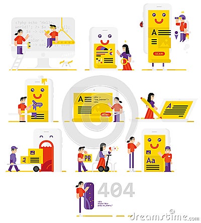 People working in the field of information technology. Set of vector icons men and women in the flat style. A set of icons for th Vector Illustration